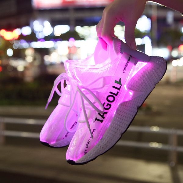 

super light summer led fiber optic shoes for girls boys men women usb recharge glowing sneakers man light up shoes sports shoes y200424, Black