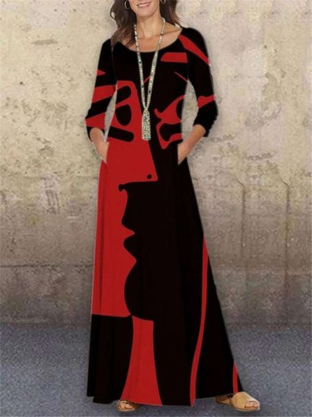 

new winter 2020 autumn women's / round neck abstract print long sleeve drs, Black;gray