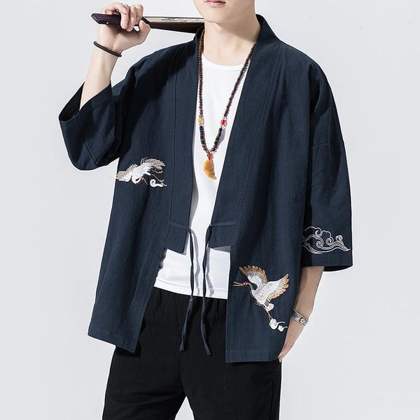 

men's jackets chinese style linen men kimono cardigan coat embroidery windbreaker harajuku japanese jacket streetwear casual clothes, Black;brown