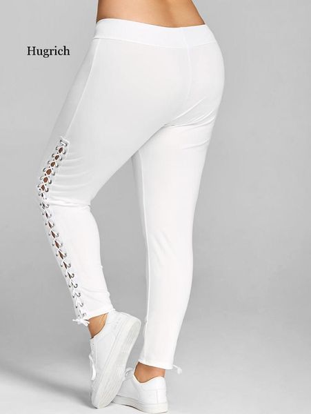 

plus size lace up leggings with grommet women pencil pants casual skinny white black elastic pants trouser ladies clothes