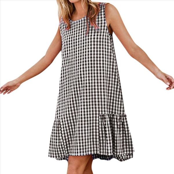 

2019 women dress summer casual sleeveless o neck plaid knee length dress ladies beach wear party vestidos mujer, Black;gray