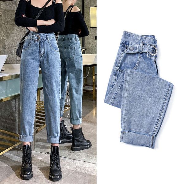 

spring new personality trend double button adjustable harem jeans women's college first love capris, Blue