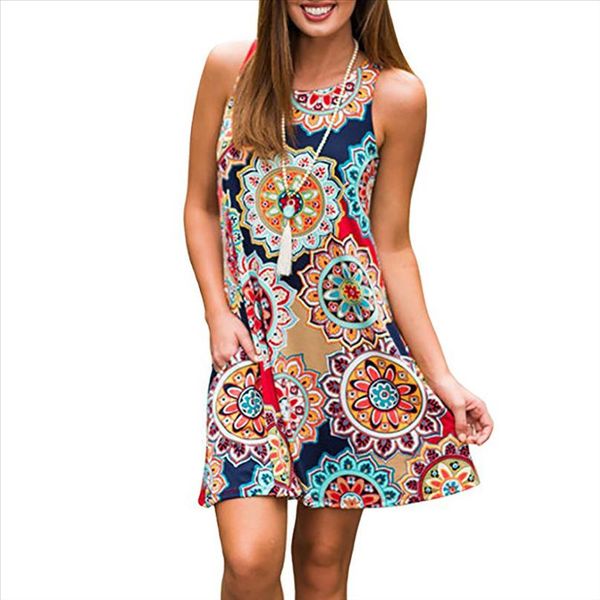 

summer dress women print sleeveless office boho beach o neck casual party loose mini dress for women female vestidos 2020, Black;gray