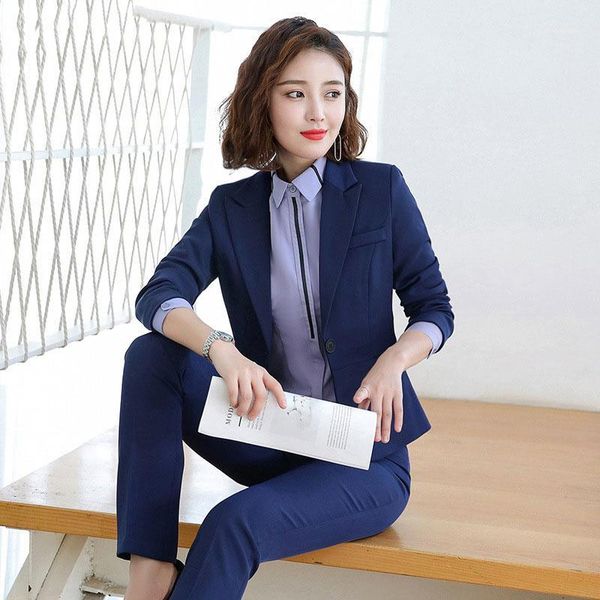 

women's office lady two pieces sets solid color elegant single buckle turn-down collar woman blazers & trousers plus size1, White