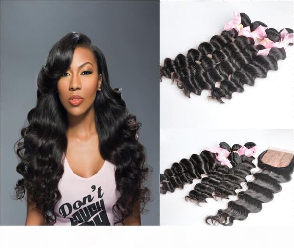 

malaysian loose deep wave virgin hair weave remy human hair extensions 4pcs lot natural color no shedding tangle can be dyed bleached, Black