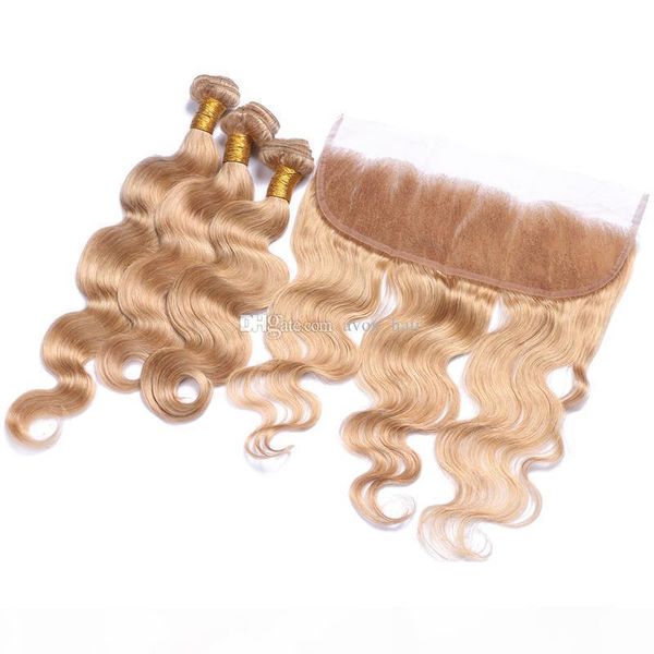 

honey blonde virgin hair 3 bundles with lace frontal closure malaysian #27 bleach blonde body wave human hair weaves with 13*4 frontal, Black;brown
