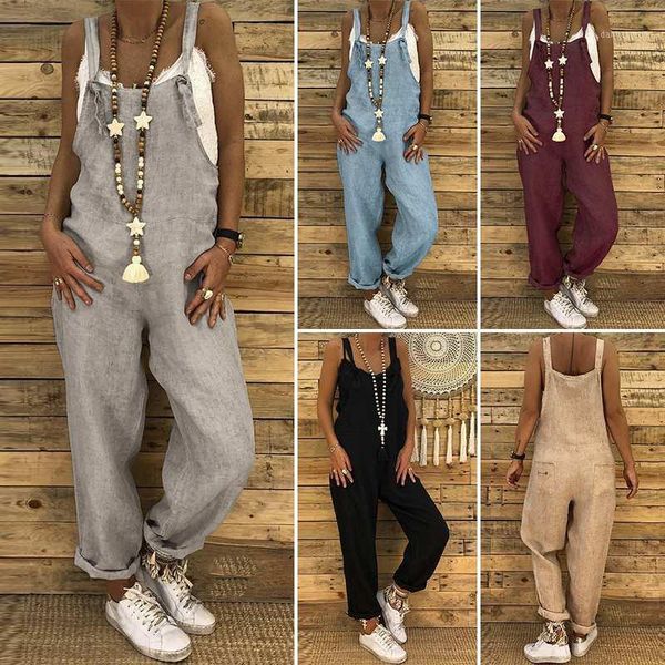 

s 5xl zanzea 2019 women casual solid strappy dungarees vintage cotton linen loose party long harem overalls rompers jumpsuits1, Black;white