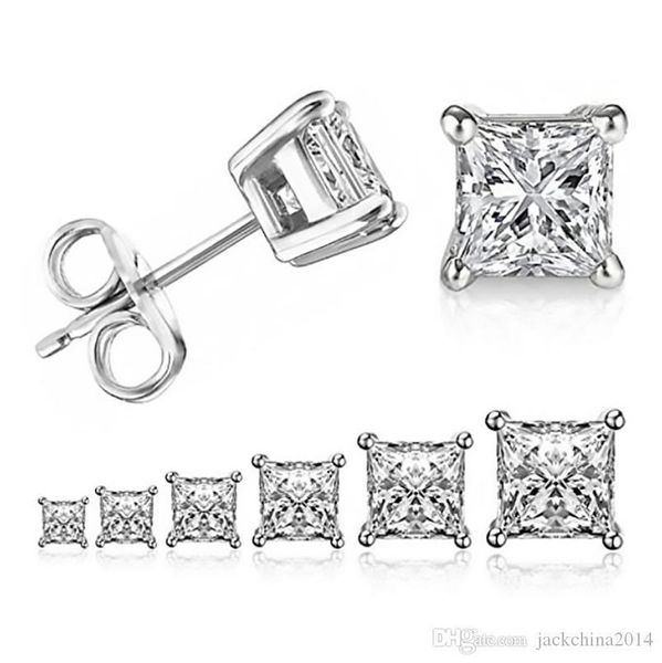 

classical four claw infinity luxury jewelry 925 sterling silver princess cut white z square cz multi size gemstones women stud earring, Golden;silver