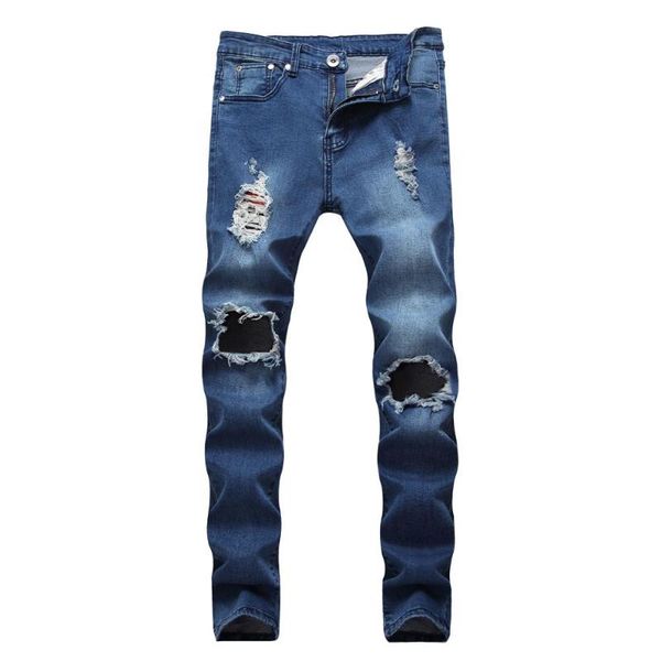 

men's jeans men ripped skinny biker male hole slim fit stretchy denim pants man jogging cowboy streetwear pencil 2021, Blue