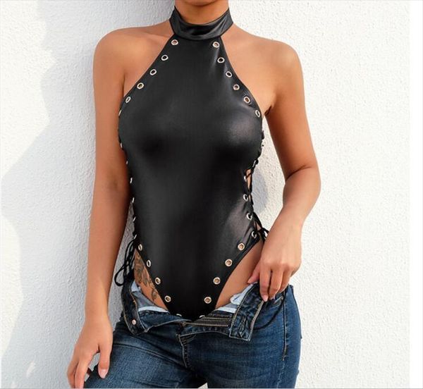 

plus size 4xl fashion women body lace up pu leather sleeveless halter neck bandage jumpsuit bodysuit, Black;white