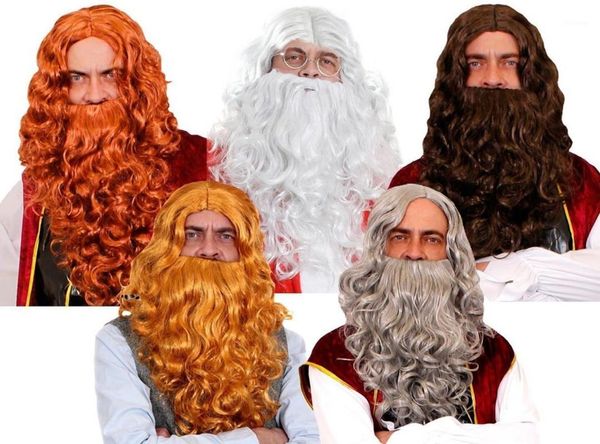 

santa claus wig and beard set long wavy jesus wizard viking medieval ginger brown blond grey white fancy dress costume accessory1, Silver