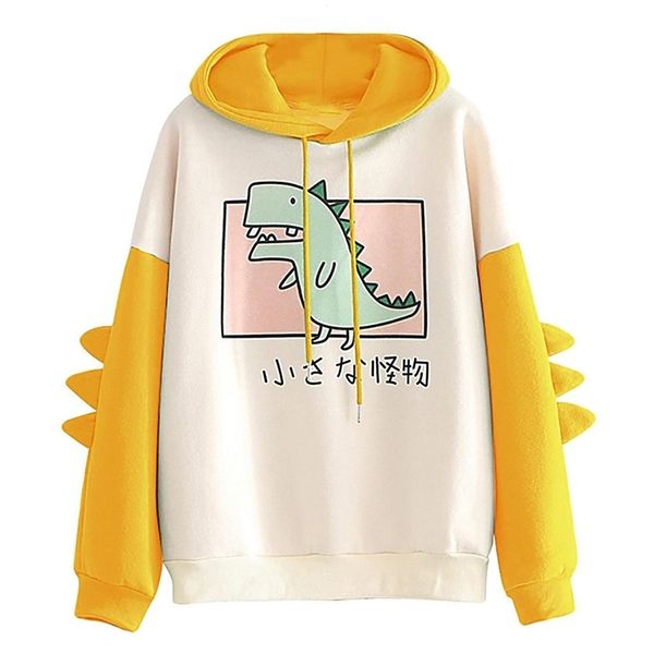 

personality dinosaur hoodies women sweatshirt casual print long sleeve splice hooded pullover ropa mujer y200610, Black