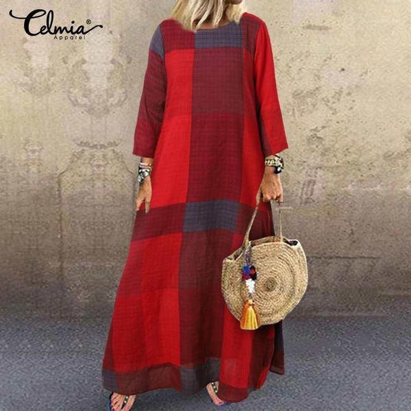 

2020 autumn vintage plaid dress celmia women's long sleeve maxi dresses kaftan casual loose check long shirt vestidos robe 5xl1, Black;gray