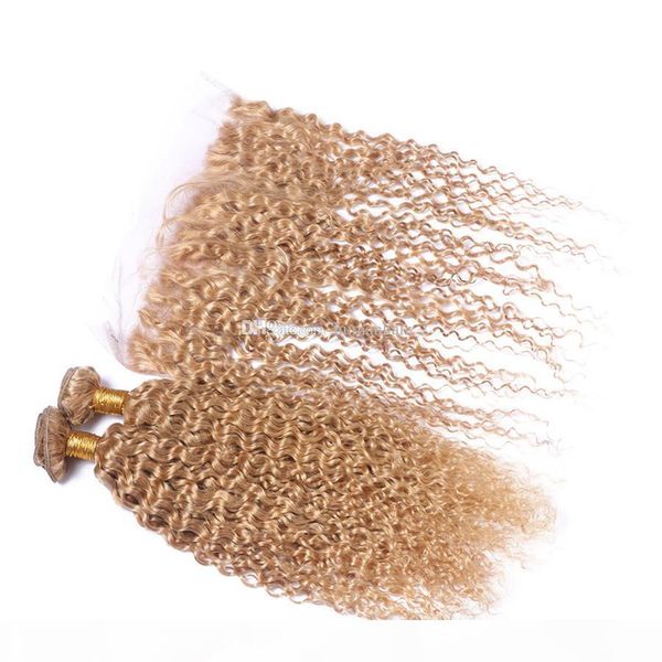 

afro kinky curly strawberry blonde hair weaves with lace frontal #27 honey blonde kinky curly human virgin hair with lace frontal closure, Black;brown