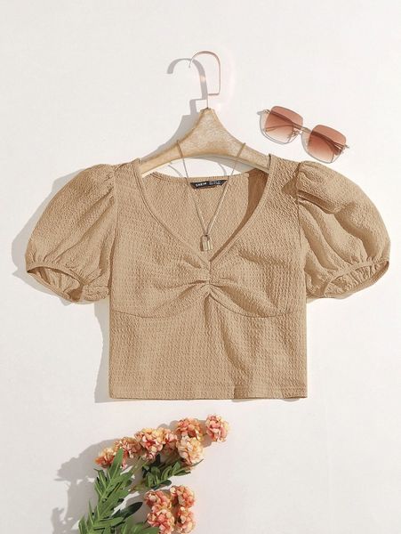 

puff sleeve ruched bust crop 95ne#, White