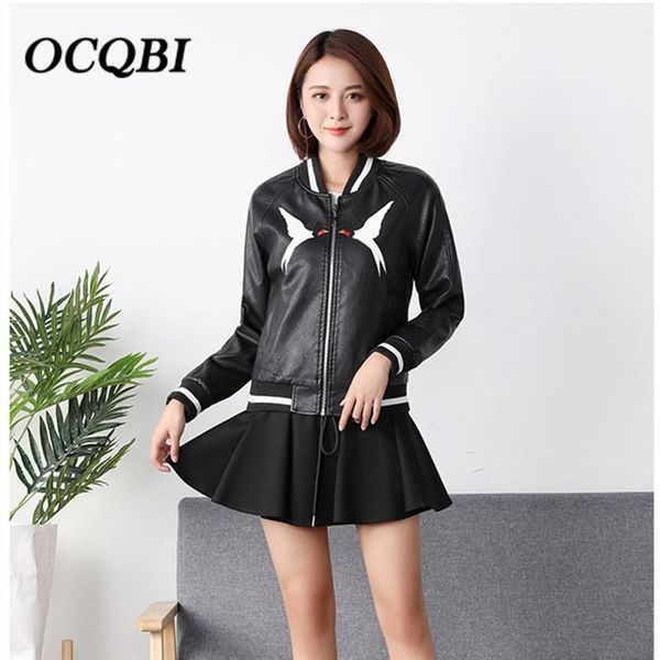 

2020 spring women coats korean style fashion casual embroidery streetwear bomber motorcycle pu jacket, Black;brown
