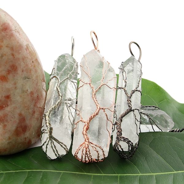 

natural crystal fashion creative jewelry hand woven tree of life prototype stone pillar necklace wire wrapping jewelry women's charm pe, Silver