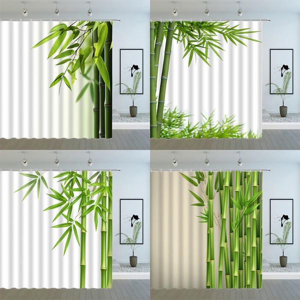 

shower curtains green bamboo leaf spring plant leaves scenery pattern bathroom decor accessories cloth hanging curtain set