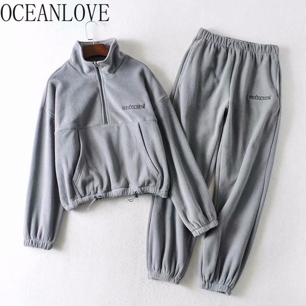 

oceanlove warm ropa de mujer print letters two piece set women zipper hoodies ealstic waist 2020 autumn winter clothing 17756, Gray