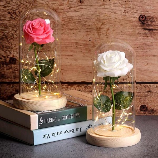

decorative flowers & wreaths 6 colour red rose in a glass dome on wooden base for valentine's gifts led lamps christmas1