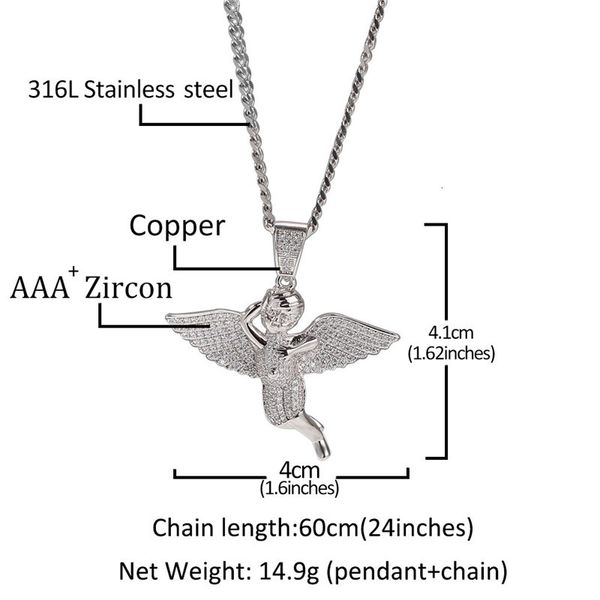 

cubic necklace gold plated copper inlaid zirconia angel pendant 60cm stainless steel chain hip hop jewelry