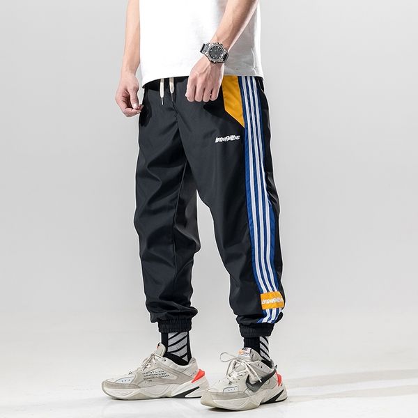 

binhiiro men cargo pants casual cotton polyester patchwork pattern men full length drawstring pockets black orange men trousers 201126