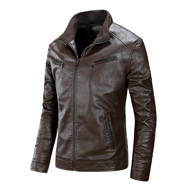 

winter leather jacket men's slim pu material wool liner warm leather coats men's quality stand collar motorcycle jacket, Black