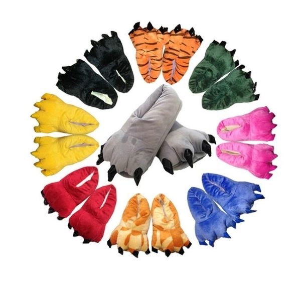 Женские зимние тапочки детей теплые крытые домашняя обувь для женщин детей мужчины зимний монстр динозавра лапы смешные тапочки для мужчин Y201026