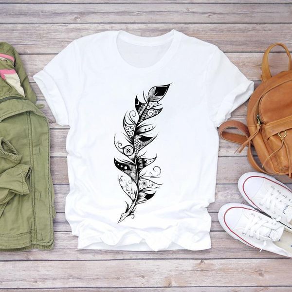 

women feather simple pirnted 90s camisas mujer clothes lady t-shirts womens t shirt ladies graphic female tee t-shirt, White
