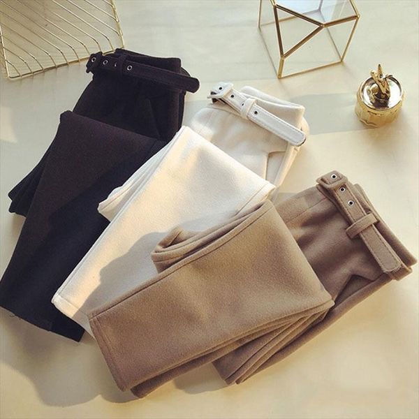 

casual women woolen pants winter ol style femme pencil pants high waist womens harem trousers for work, Black;white