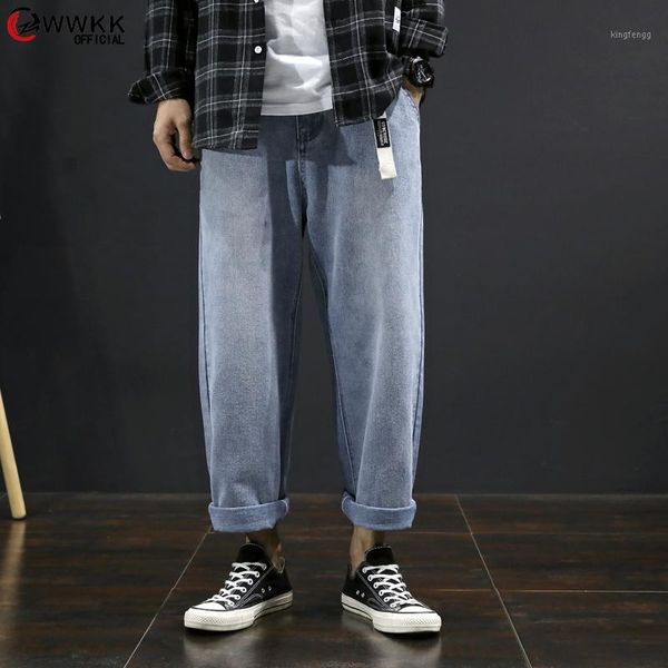

wwkk loose vintage man jeans 2020 spring autumn bleached casual boyfriend curl denim wide leg pants oversize high waist jean1, Blue
