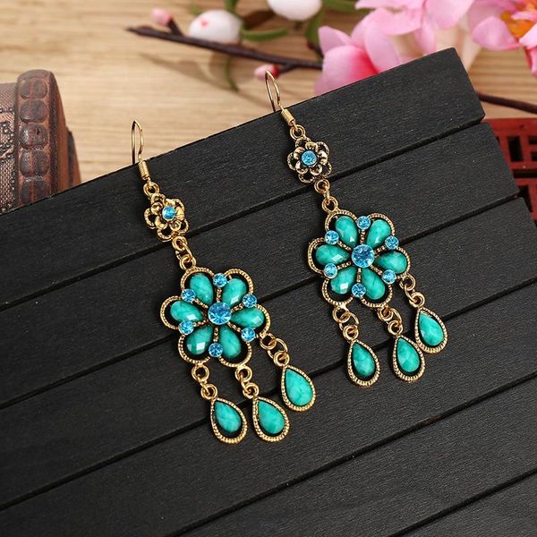 

dangle & chandelier bohemia vintage blue turquoises flower earrings ethnic boho gold alloy tassel tibetan jewelry, Silver