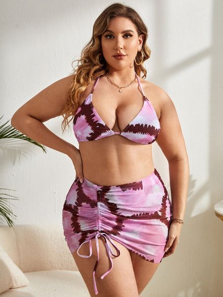 

3pack plus tie dye triangle bikini swimsuit & beach skirt 86ap#, Black