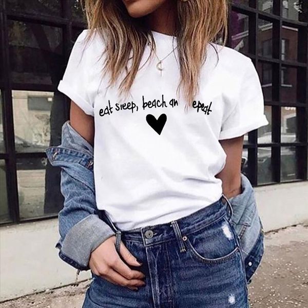 

hillbilly eat sleep beach an repeat letter women t shirt love heart printed playeras de mujer de moda 2021 femme top, White