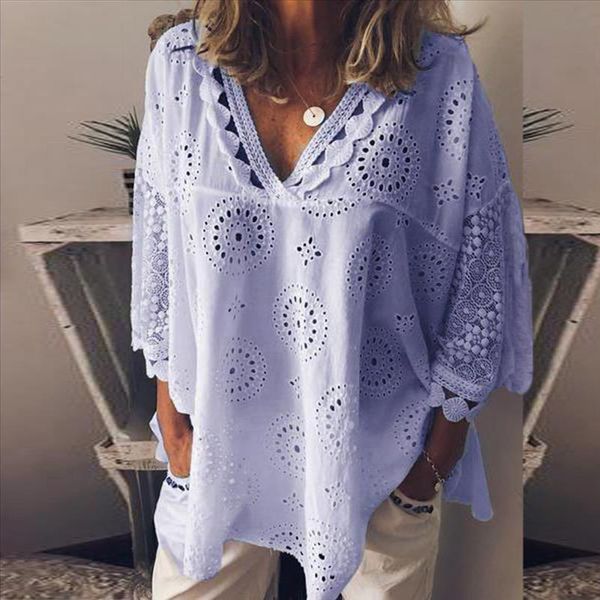 

women blouse cotton linen hollow out lace patchwork tunic women plus size 5xl geometry v neck summer shirt vrouw blouse, White