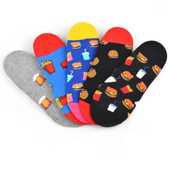 

peonfly arrival new happy men art abstraction creative hamburger french fries pattern casual funny boat socks1, Black