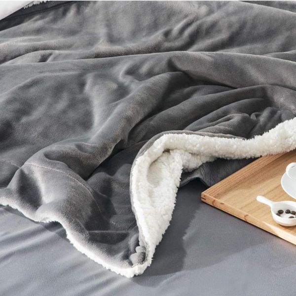

blankets pure color lamb wool blanket double layer flannel winter thick coral fleece light gray 130cmx160cm