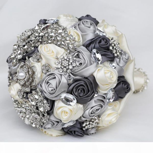 

20cm handmade wedding elegant bridal bouquet silver diamonds mariage bouquets bridesmaid holding ivory stain rose flowers w375
