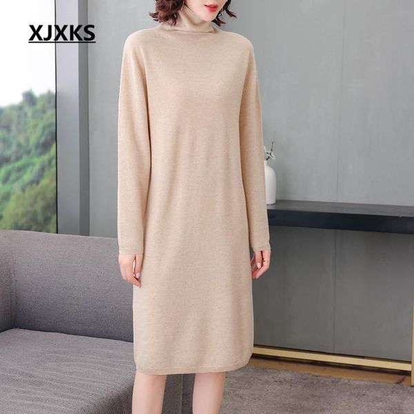 

casual dresses xjxks 2021 autumn winter women high neck dress comfortable 100% pure wool knitted long sweater, Black;gray