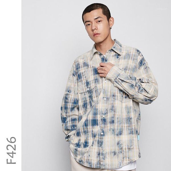 

f426 oversize plaid fading shirt men 2020 ss streetwear men shirt hip hop cotton mens fashion clothing1, White;black