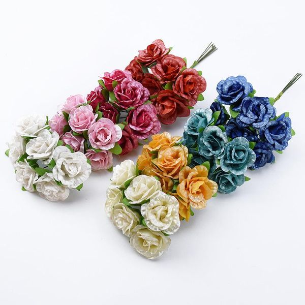 

6pcs mini roses bouquet vases for home decor wedding flowers for scrapbooking diy gifts candy box artificial flowers wholesale f wmtzsn