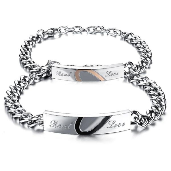 

link, chain opk half heart puzzle couple bracelet romantic real love stainless steel & link bracelets fashion jewelry for women men772, Black