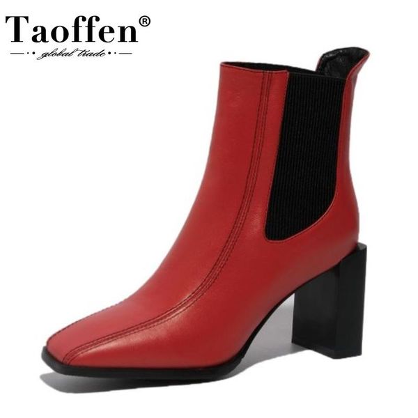 

boots taoffen women ankle real leather high heel winter shoes woman warm square toe fashion office lady footwear size 33-42, Black