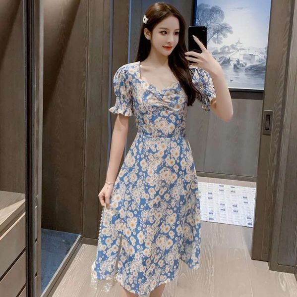 

temperament slim style small daisy dress summer 2020 new women's collar oil painting split skirt, Black;gray