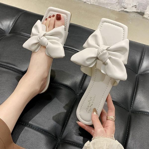 

summer 2021 new casual slippers flat non-slip beach solid sandals outdoor bow leisure all-match comfortable women's shoes, Black