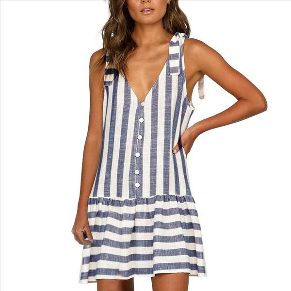 

striped printed dress women button v neck dress women summer sleeveless casual mini dress vestido elbise robe g9, Black;gray