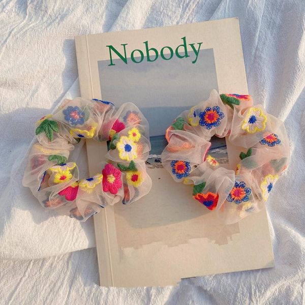 

aomu korea chic colorful embroidery flower transparent net yarn elastic hair bands for women 2020 spring hair accessories wmtxxx, Golden;white