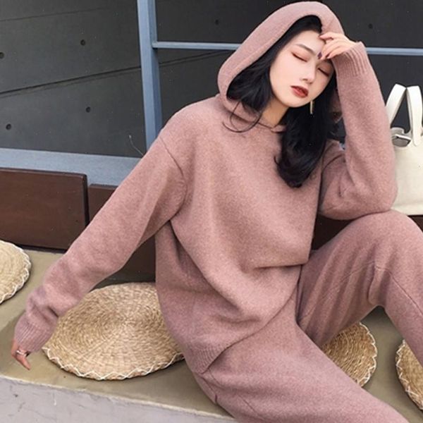 

2021 new autumn and winter knit sweater hooded women tracksuit long sleeve cashmere pullovers elastic pants suit sporting set, Gray