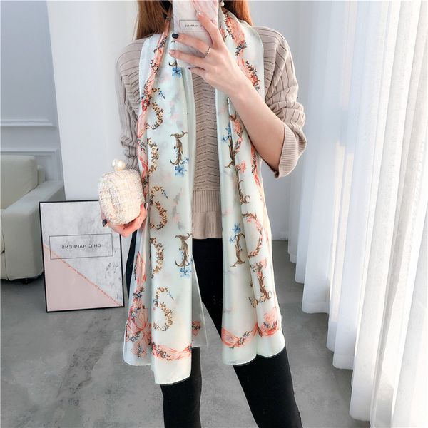 

2019 new spring and summer fashion fresh garland letters emulation silk towel scarf shawl spot wholesale wild, Blue;gray