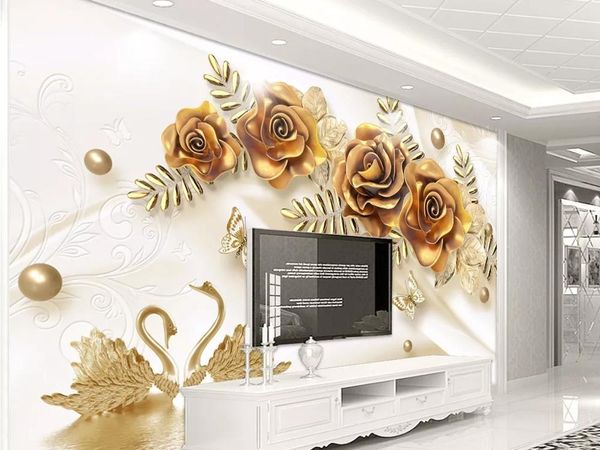 

new custom 3d large mural wallpaper luxury golden rose swan silk jewelry children's room tv background living bedroom